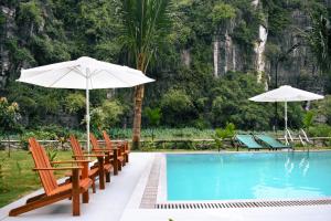 a row of chairs and umbrellas next to a swimming pool at Tam Coc Aurora Valley in Vũ Lâm +40 photos