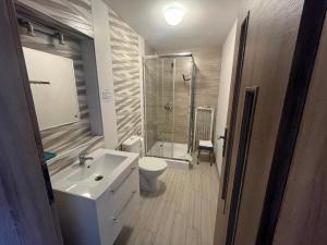 a bathroom with a sink and a toilet and a shower at Pokoje i apartamenty Pod Dębem in Rowy +37 photos