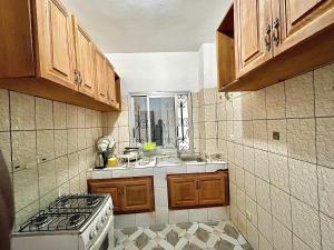 a small kitchen with a stove and a sink at Résidence T&M ODZA Yaoundé Cameroun in Méhandan