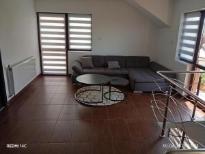 a living room with a couch and a table at Casa Drăgan in Novaci-Străini