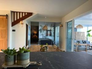 a living room with a kitchen and a living room with plants at La Belle du Sud in Saint-Joseph