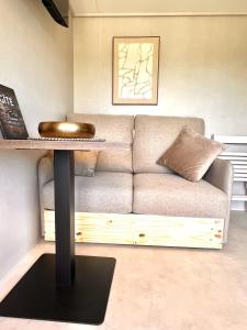 a living room with a couch and a table at O'BARA Lodge - Tiny House - Jardin et climatisation in Druillat