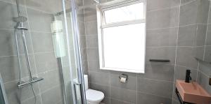 a bathroom with a shower and a toilet and a window at The Common Knowledge Centre in Kilfenora +49 photos