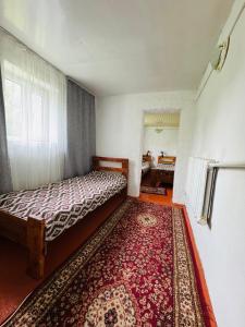 a bedroom with a bed and a red rug at Kurjun in Karakol