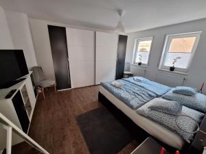 a bedroom with a bed and a flat screen tv at Kleinstadt-Fritz in Radeburg