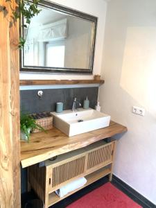 a bathroom with a sink and a mirror at Auszeit Deluxe in Kirchheim unter Teck