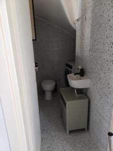 a small bathroom with a toilet and a sink at Valimitika beach house - Just 150m from the beach in Valimítika