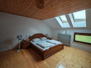 a bedroom with a bed in a room with skylights at ZenHouseApartment in Ljubno