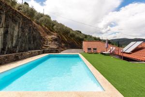 a swimming pool with a green lawn next to a house at Feel Discovery Casa Fonte do Lagar in Desejosa