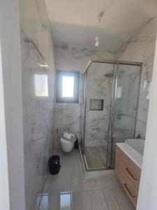 a bathroom with a shower and a sink at Villa relax glinado luluvo in Glinado Naxos +17 photos