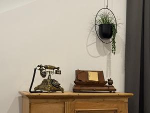 a desk with a telephone and a potted plant at LuxLife - Panorama Bergblick, Sauna, Balkon, Luxus Pur in Buchenberg +73 photos