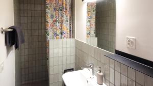 a bathroom with a sink and a mirror at Union Lodge Fabrik in Bern