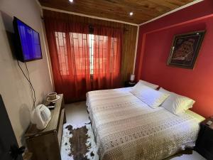 a bedroom with a bed with a red wall at Hostal Rancel in Angol