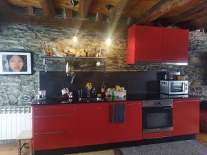 a red kitchen with a stove and a microwave at Cabaña Vento Norte in Vilamós