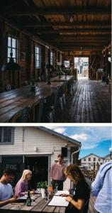 two pictures of a man and a woman sitting at a table at Ruissalo Cottage in Turku