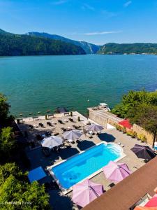 a view of a large body of water with a swimming pool at Pensiunea Celestin in Eşelniţa +22 photos