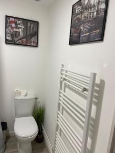 a bathroom with a toilet and two pictures on the wall at Studio cosy au vieux centre in Cormeilles-en-Parisis +3 photos