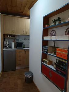a kitchen with a book shelf with books at Heidis Haus in Polygryos +19 photos