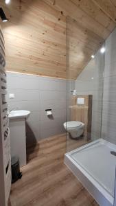 a bathroom with a toilet and a glass shower at Wrzosowe Wzgórze Domki 3 sypialnie in Chęciny +24 photos