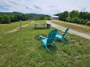two blue chairs and a picnic table in a field at Hocking Hills Store Campsite #4 in Logan