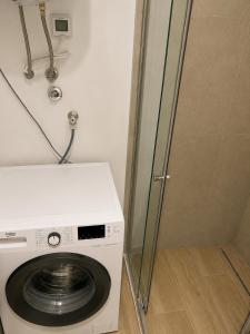 a washing machine in a bathroom with a glass door at Our story Apartment in Milovići