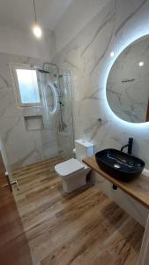 a bathroom with a sink and a toilet and a shower at Mirsini Rooms in Votsi