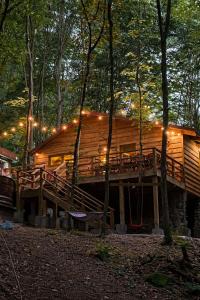 a log cabin with a deck in the woods at Cabana Manea Forest Hub in Topleţ