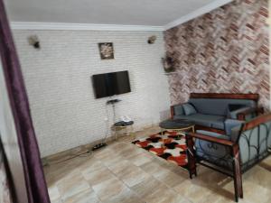 a living room with a couch and a tv on a brick wall at Residence samy in San-Pédro
