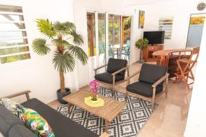 a living room with a couch and chairs and a palm tree at Villa Syleone in Sainte-Marie