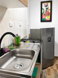 a kitchen with a stainless steel sink and a stove at Central Apartment Salento Colombia in Salento