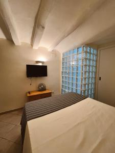 a bedroom with a bed and a tv and a window at Tu mejor estadia en Tarragona centro in Tarragona