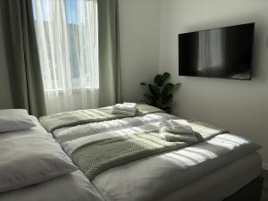 a room with two beds and a flat screen tv at PlatanHome 12 in Lenti