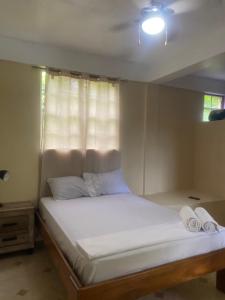 a bedroom with a bed with white sheets and a window at Anthurium Apartment in Roseau +56 photos