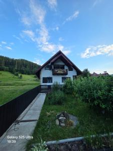 a white house with a brown roof at Pensiunea Daria Putna in Putna