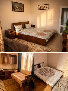 zwei Bilder eines Schlafzimmers mit einem Bett und einem Tisch in der Unterkunft Готель ВІОЛІТІ in Chmelnyzkyj