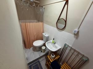 a small bathroom with a toilet and a sink at Pousada Vilas do Frances Beira Mar in Praia do Frances