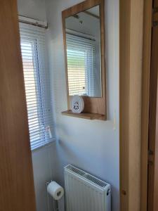 a bathroom with a mirror and a radiator and a window at Cleethorpes beach haven site in Cleethorpes +22 photos
