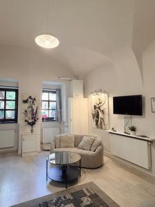 a living room with a couch and a tv at Alandala Story in Cluj-Napoca