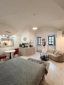 a large living room with a bed and a kitchen at Alandala Story in Cluj-Napoca