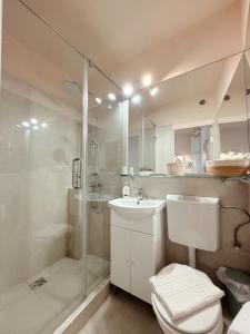 a bathroom with a shower and a toilet and a sink at Alandala Story in Cluj-Napoca