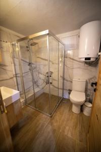 a bathroom with a glass shower and a toilet at Dutlu Konak Taş Evleri in Soğucak +22 photos