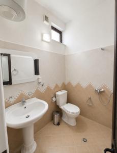 a bathroom with a white toilet and a sink at Hotel Danja in Laç +40 photos