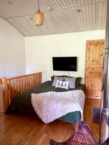 a bedroom with a large bed with a tv on the wall at Silver Lodge in Luosto
