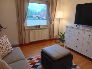 a living room with a couch and a tv and a window at Heringsmoewe in Tossens