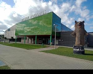 a statue of a bear in front of a building at Apartament Bieszczady in Lesko