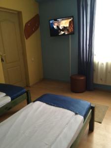 a bedroom with a bed and a tv on the wall at Pensiunea Casa Raul in Cluj-Napoca