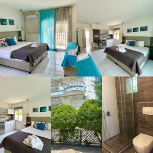 a collage of four pictures of a hotel room at Studios Katerina in Iraklitsa