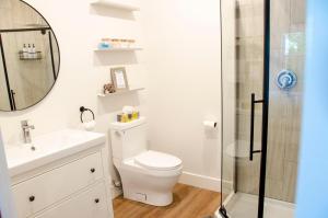 a bathroom with a toilet and a shower at Blue Moon Bungalow in Tillsonburg +8 photos