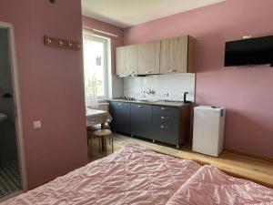 a kitchen with pink walls and a bed in a room at Bakuriani Mtis 6 in Bakuriani