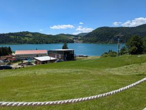 a grassy field with a building and a body of water at Tiny House Dedinky in Dedinky
